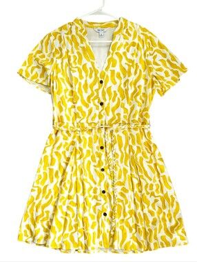 Nine West Linen Blend Yellow Patterned Button-Front Dress